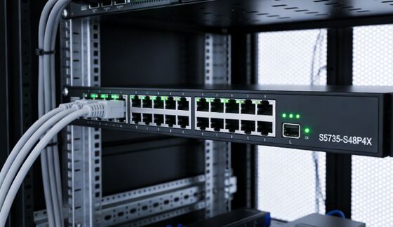 Huawei S5735-S48P4X 48-Port Gigabit PoE+ Switch, 4×10G SFP+ Uplink, 672Gbps ความจุในการเปลี่ยน, 1U Rack-Mount